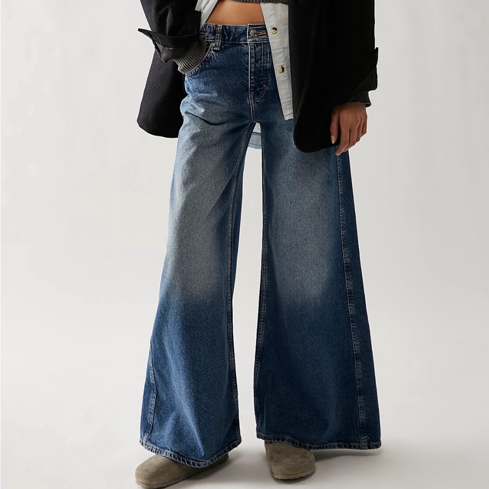 Free people, low rise but more of a mid rise imo, slouchy, wide leg jeans.